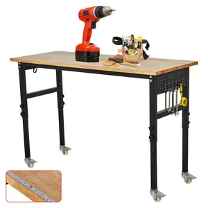 60 inch high adjustable workbench with power socket, solid rubber wood countertop heavy-duty garage tool bench, workstation with nail board, hook, and ruler