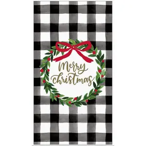 White & Black Gingham Guest Napkins with Wreath & Red Bow – 16 Count Holiday Party Napkins