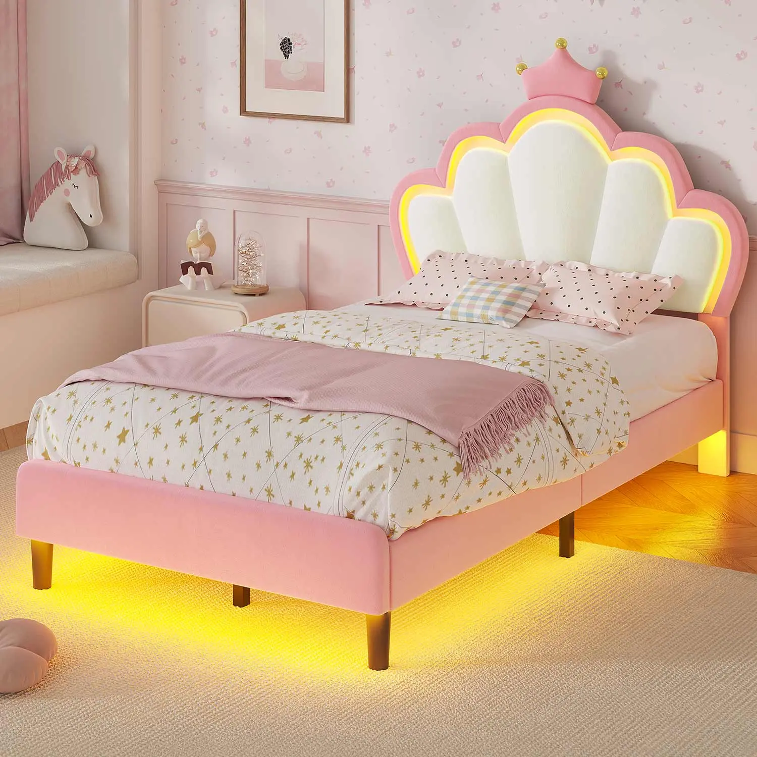 SIKAIC Twin Princess Theme Bed Frame - Pink Velvet Fabric Upholstered Platform Bed with Crown Headboard and LED Lighting