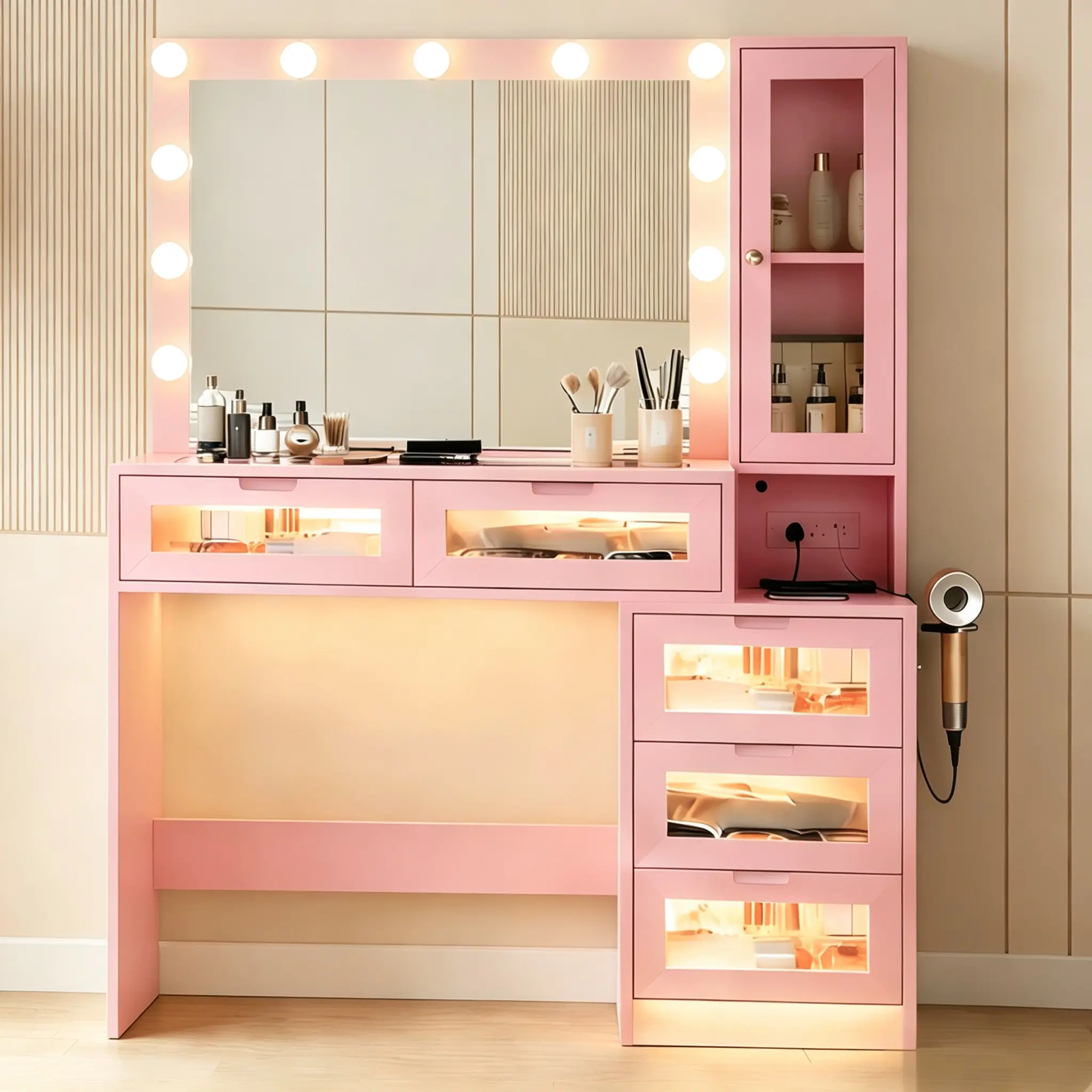 Hollywood Lighted Vanity Desk & Table with Dimmable LED Bulb Mirror & Lights, 5 Glass Drawer Makeup Station & Organizer with Storage Cabinet & Built-in Power Strip, Spacious Modern Illuminated Bedroom Dressing Table with USB Type-C Charging