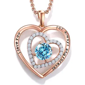 Heart Necklace for Women, Rose Gold Plated Cubic Zirconia Birthstone Pendant Necklace for Her, Gift Ideal for Wife Girlfriend MomValentine's Day gifts