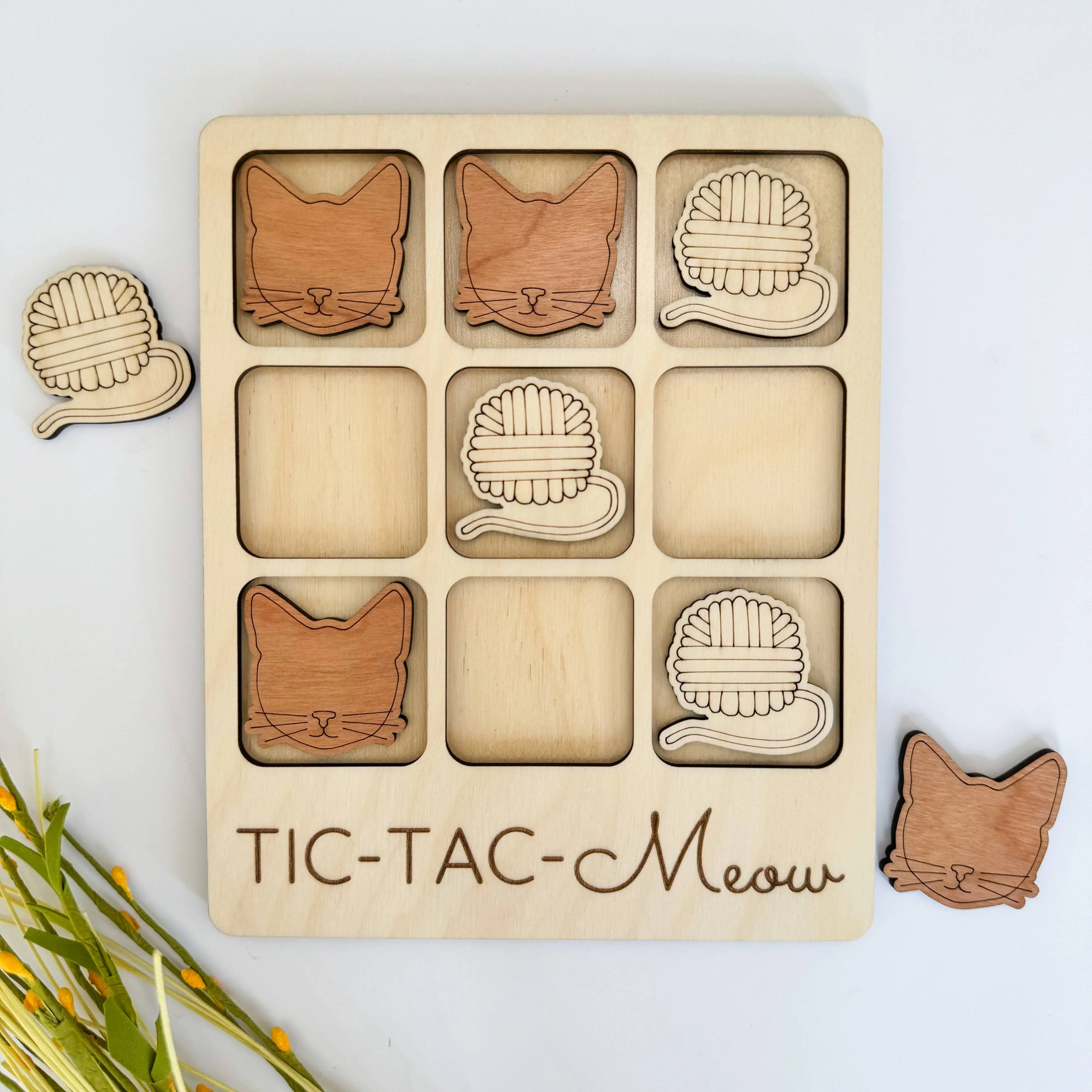 Cat Tic-Tac-Toe Game – Travel-Sized Wooden Cat Lover Gift by Birch House Living