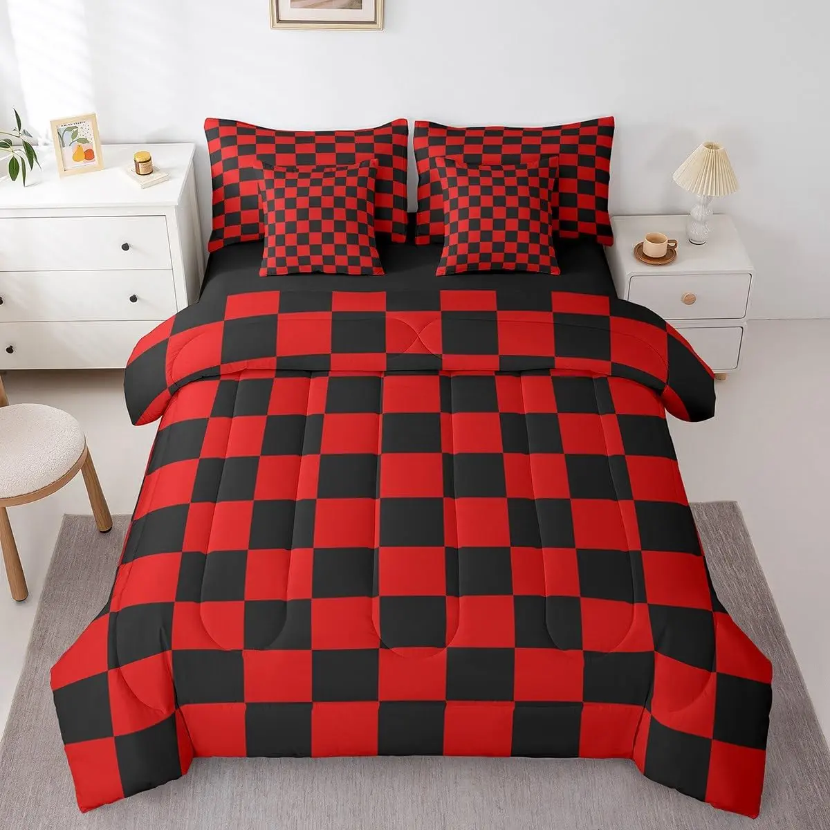 Feelyou 7-Piece Microfiber Queen Bed Comforter Set - Red Black Retro Checkerboard Plaid Bed-in-A-Bag with Sheets for Teens, Queen Comforter Set
