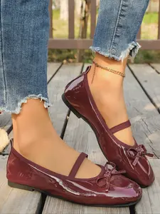 Women's Square Toe Bow Decorated Wine Mary Jane Shoes, Comfortable Casual Slip-On Flat Shoes, Perfect Valentine's Day Gift