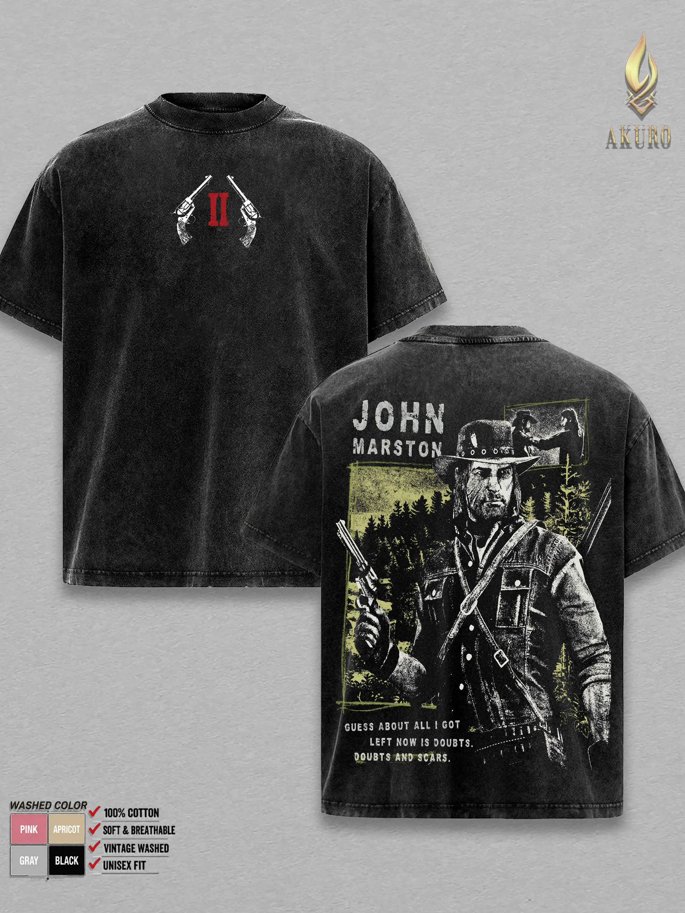 Red Dead Redemption 2 John Marston Graphic Tee - Vintage Acid Wash Heavyweight T-Shirt, Cowboy Revolver Gaming Streetwear Shirt, Boxy Fit Unisex Tee, Gamer Merch Clothing, Wild West Outlaw Top Gift For Him