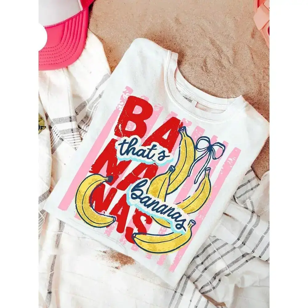Striped Banana Shirt, Banana Summer Vibes Tee, Fruit Preppy T-Shirt, Women's Summer Top, "Girls That's Bananas" Shirt, T-shirt for Women