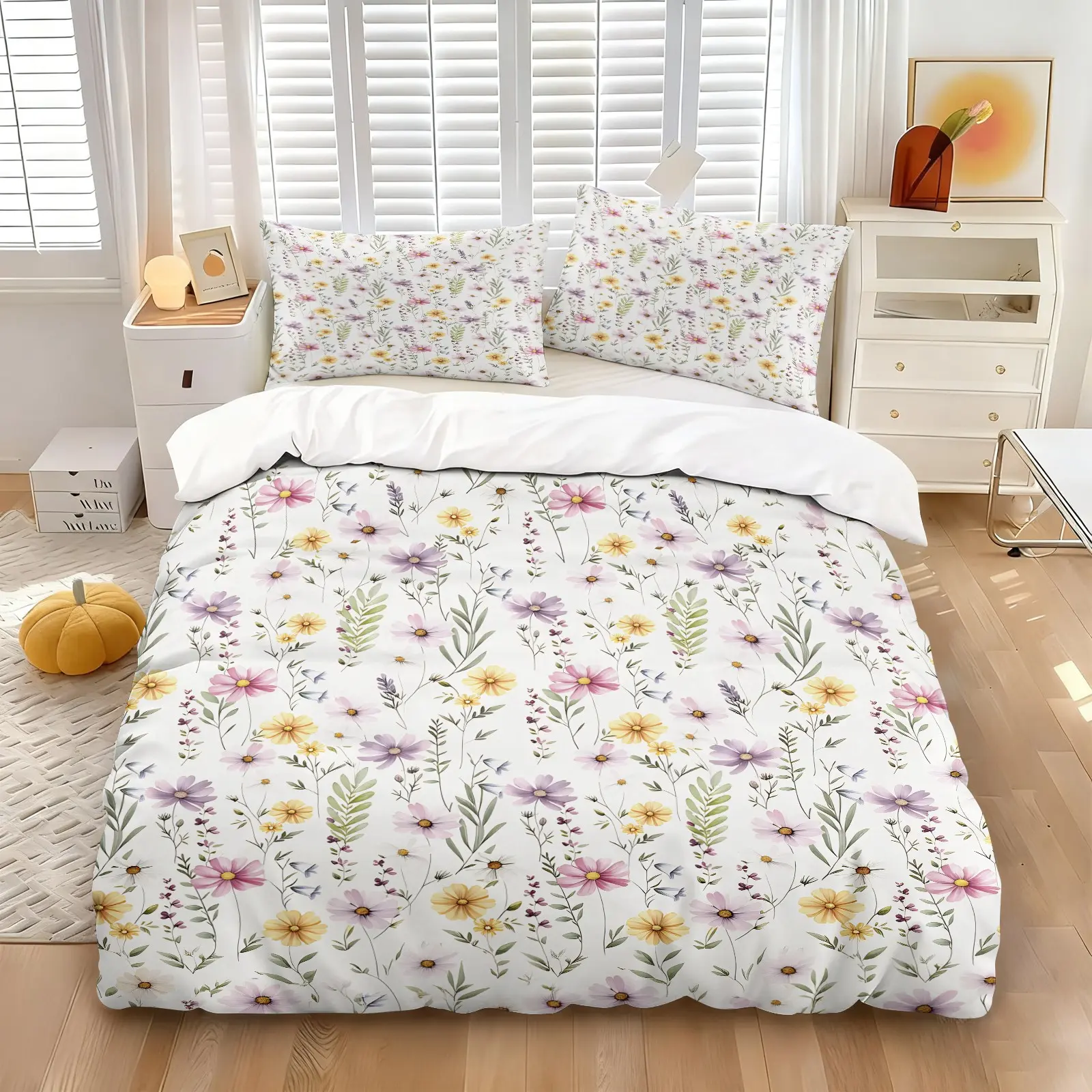 Soft Botanical Floral Duvet Cover Set, Include One Comforter Cover and 1/2 Pillowcases, Watercolor Purple & Yellow Wildflower Print Quilt Cover, Gentle Spring Vibe Bedroom Decor Bedding