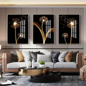 3pcs Abstract Golden Dandelion Luxury Canvas Wall Art, Unframed Modern Botanical Wall Decor for Living Room Bedroom Home Office, Aesthetic Cuadros Wall Art Prints, Modern Floral Paintings