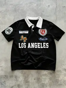 1995 Los Angeles California Graphic Polo Shirt, Vintage Streetwear Y2K Oversized Rugby Shirt, Retro College Style Casual Polo Top for Men, Summer Fashion Streetwear, Hip Hop Harajuku Style Short Sleeve Polo, 90s Aesthetic Sportswear