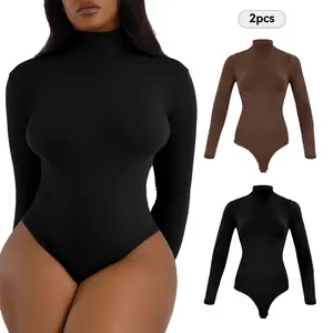 SHINYUAN 2PCS Women's Turtleneck Long Sleeve Ribbed Knit Bodysuit Bodycon Slim Fit Stretchy Shapewear Tops Jumpsuit