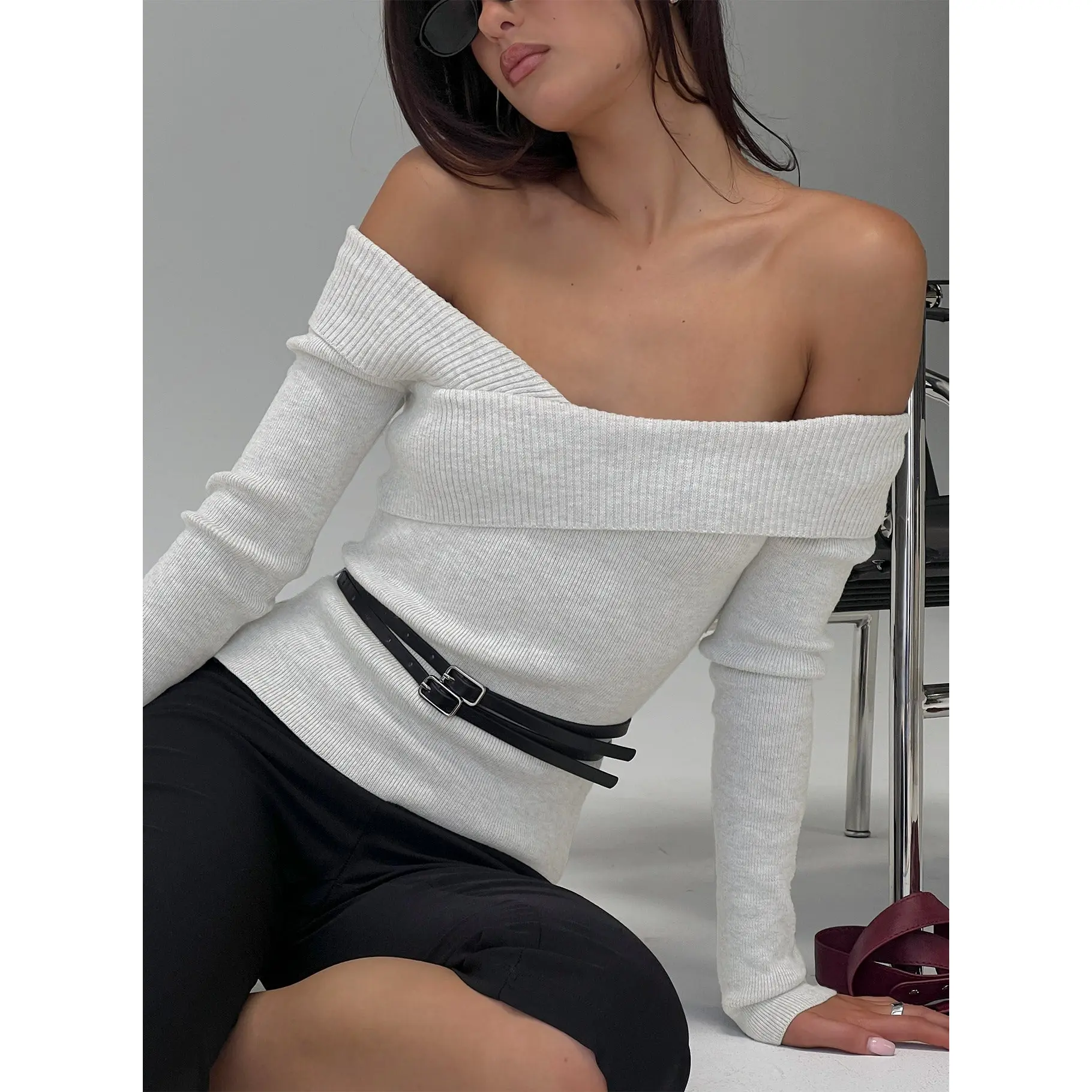 Ellenore Belt Detail Off Shoulder Top Grey