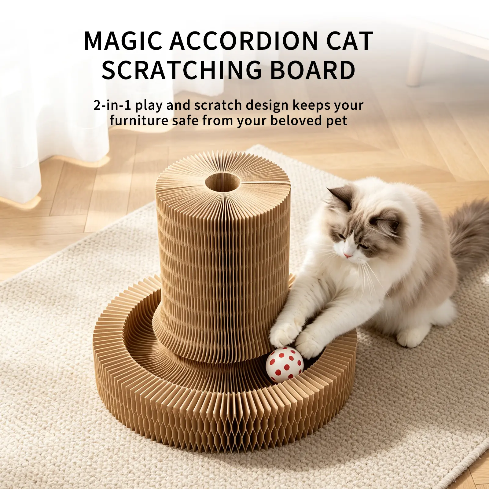 Magic Accordion Cat Scratching Board with Interactive Rolling Ball, Foldable Corrugated Paper Cat Scratcher Toy furniture paragatos rascador
