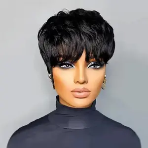 Short Pixie Cut Wig Virgin Human Hair Black & Highlight Colorful Wig with Bangs Full Machine Ready To Go Glueless Wig for Black Women Everyday Gatherings Summer Wigs