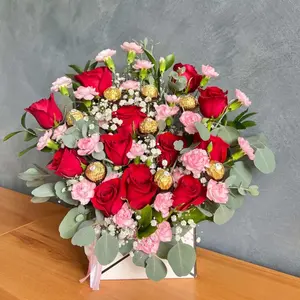 Crafty Things For My Love Flower Bouquet with Red Roses Pink Carnations & Ferrero Rocher Chocolates Romantic Gift Set Soft Cover