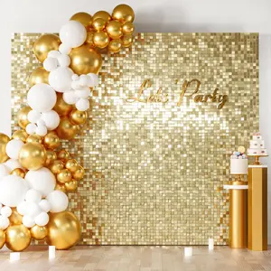 24PCS Gold Shimmer Wall Backdrop Panels 12x12 Square Sequins on Transparent Grid Easy to Install Reusable Photo Backdrop for Birthday Wedding Anniversary Engagement Disco Party Decorations