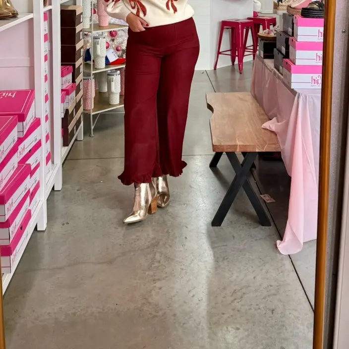 Amelia Pants-Burgundy Crop Pants with Flutter Ruffle Hem Detail & Zipper Closure for Stylish Comfort