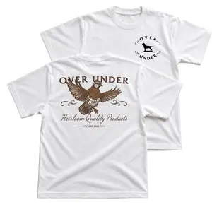 Over Under Heirloom Quality Products Quail T-Shirt, Upland Bird Hunting Graphic Tee With Flying Quail Back Print, Front Chest Dog Logo Shirt, Southern Field Sports Outfit, Vintage Outdoor Apparel Gift for Hunters and Men Women