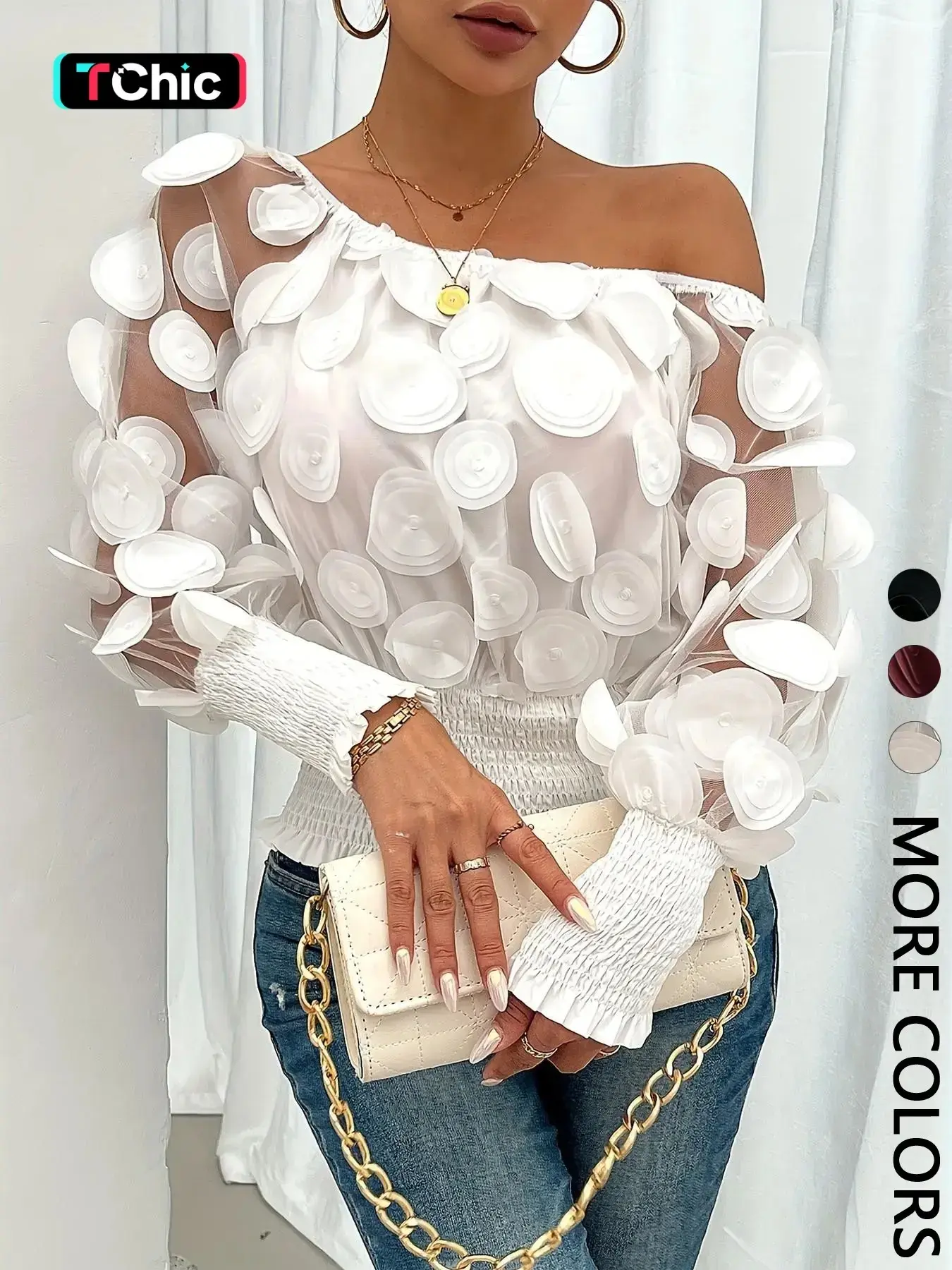 Women's Casual Loose Asymmetrical Shoulder Top with Floral Design and Waist Cinch, Stylish Blouse for Dates and Daily Wear