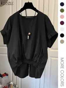 Women's Solid Color Woven Casual Shirt Blouses, Loose Batwing Sleeve Short Sleeve, Stylish Round Neck Top, Suitable for Daily Wear