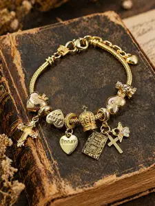 Glow in the Dark Cross Charm Bracelet for Women, Gold Tone Bible Heart Angel Crown Bracelet, Adjustable Christian Jewelry Gift