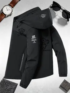 Men's Urban Functional Winter Hooded Zipper Jacket, Cartoon Gorilla Print, Large Pocket Design, Fashion Outerwear
