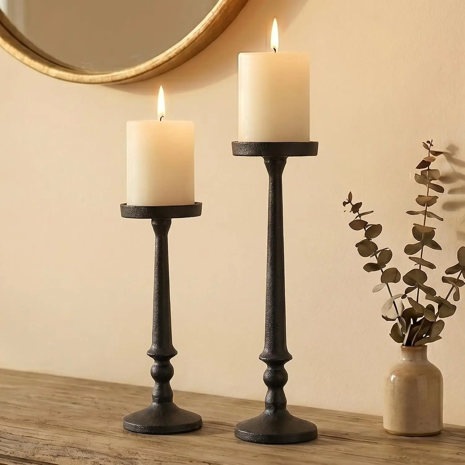 Vintage Iron Pillar Candle Holders Set of 2 12.2" & 10" Tall Rustic Black Candle Stands Dining Table Centerpieces for Christmas Fireplace Mantel Decor