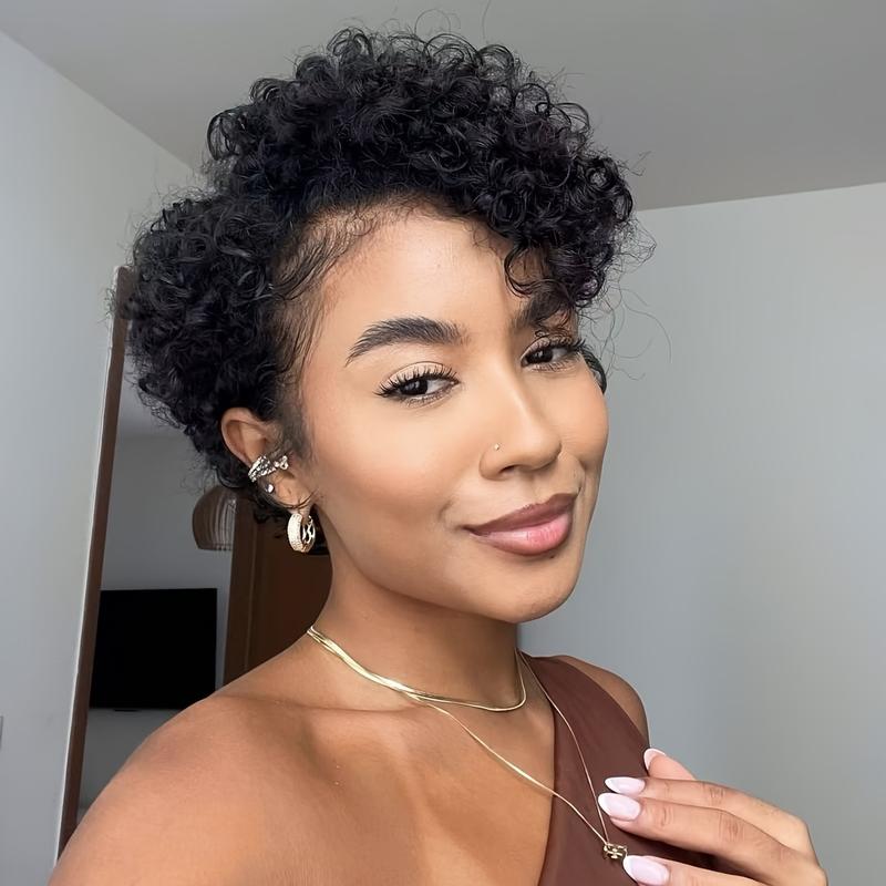 New Wholesale Hot Pixie Curly Human Hair Wig 13*1 Short Bob Wig with Curly Waves in Natural Color, 6 Inch Length, 150% Density. This Pixie Cut Wig Is Designed for Black Women And Features a Lace Front.