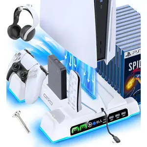 PS5/Slim/Pro Stand and Cooling Station with LED Controller  Station for  5 Console, Controller Charger, Cooling Stand, PS5/Slim/Pro Accessories Kit with 3 Level Cooler Fan