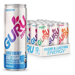 GURU Zero Sugar Organic Energy Drink Variety Pack 12oz (12 Cans) – Plant-Based Caffeine from Green Tea, Coconut Water, Gluten Free Vegan Functional Beverage