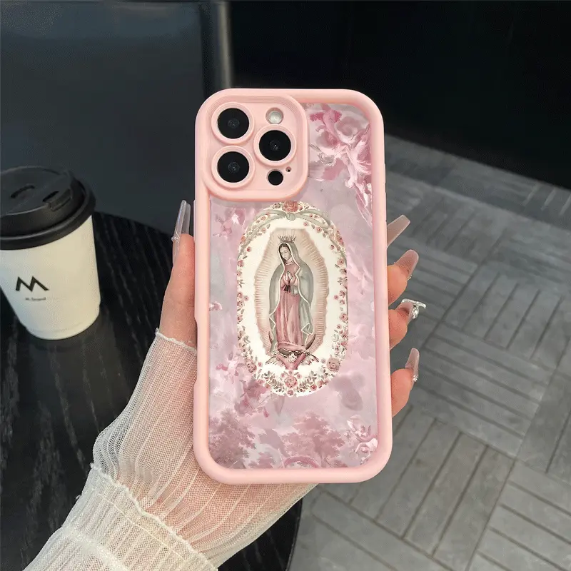 Premium Silicone Smartphone Casing for iPhone 17 Pro Max, 16, 15 Plus, 14, 13, 12, 11, XS, XR - Handheld Cellphone Devices Rugged, Pocket-Friendly, Shockproof, Protective Soft Case (Pink, Virgin Mary Design), Accessories