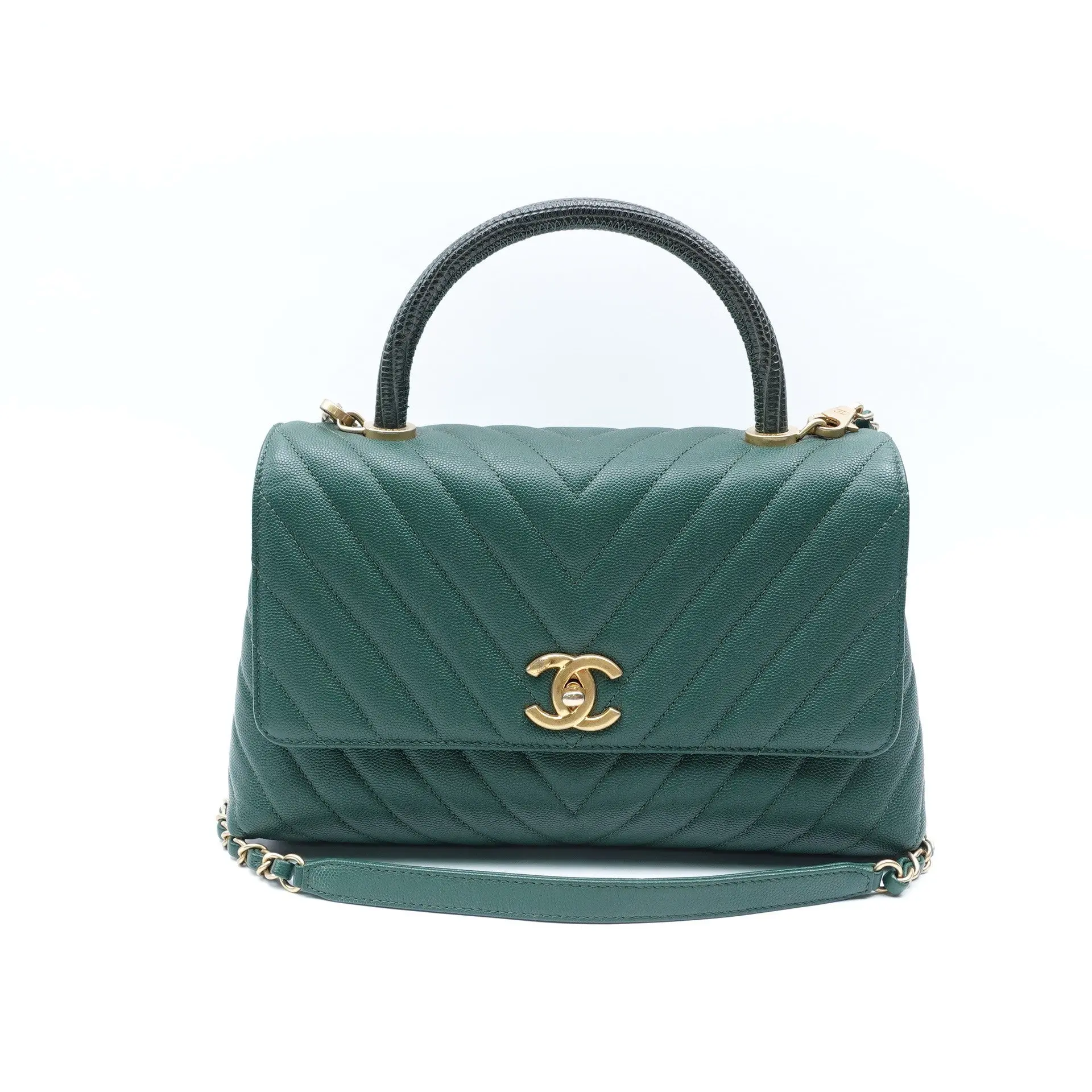 Pre-owned CHANEL caviar leather Top Handle Shoulder Bag Green Quilted Caviar T10413364