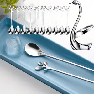 Silver Small Coffee Spoon Holder Set, Swan Base with 10 Pcs Demitasse Espresso Spoons Set, 4.7" Mini Leaf Dessert Spoon, Stainless Steel Tea Spoons
