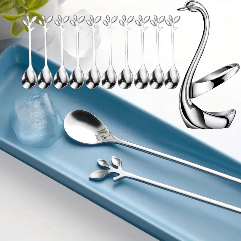 Silver Small Coffee Spoon Holder Set, Swan Base with 10 Pcs Demitasse Espresso Spoons Set, 4.7" Mini Leaf Dessert Spoon, Stainless Steel Tea Spoons
