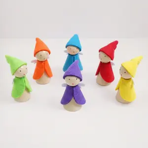 Small Fairy Garden Decor, 6 Pcs Wooden Elf Figures, Cute Wood Gnome Peg Dolls, Miniature Dollhouse Accessories for Kids Ages 3+