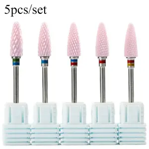 5pcs Pink Ceramic Nail Drill Bits Set for Electric Nail File, Professional Manicure Pedicure Acrylic Gel Nail Art Removal Sanding Bands Burrs Tips Nail Art Tools Home Use Salon