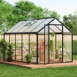 10x6 FT Polycarbonate Greenhouse with Roof Vent, Lockable Door & Ground Nails - Large Aluminum Walk-in Garden Shed for Backyard & Patio