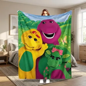 Flannel Blanket Featuring Cartoon Patterns of Barney and His Friends, Soft & Cozy, Stylish & Beautiful, Warm and Comfortable, Perfect for Living Room Sofa, Office Naps, Student Dormitories, All-Season Use, Ideal for Home Decoration, Gift Ideas for Kids