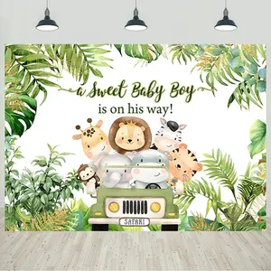 7x5ft Safari  Shower Backdrop A Sweet  Boy is  His Way Jungle Cartoon  Palm Leaves Photography Background Boys  Shower Party Decorations Banner Photo Studio Props
