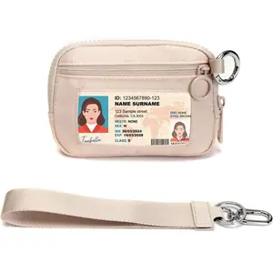 Beige Mini Zip Card Case  Women with Clear ID Window, Coin Purse, Lightweight Small Zipper Wallet,Portable Organizer