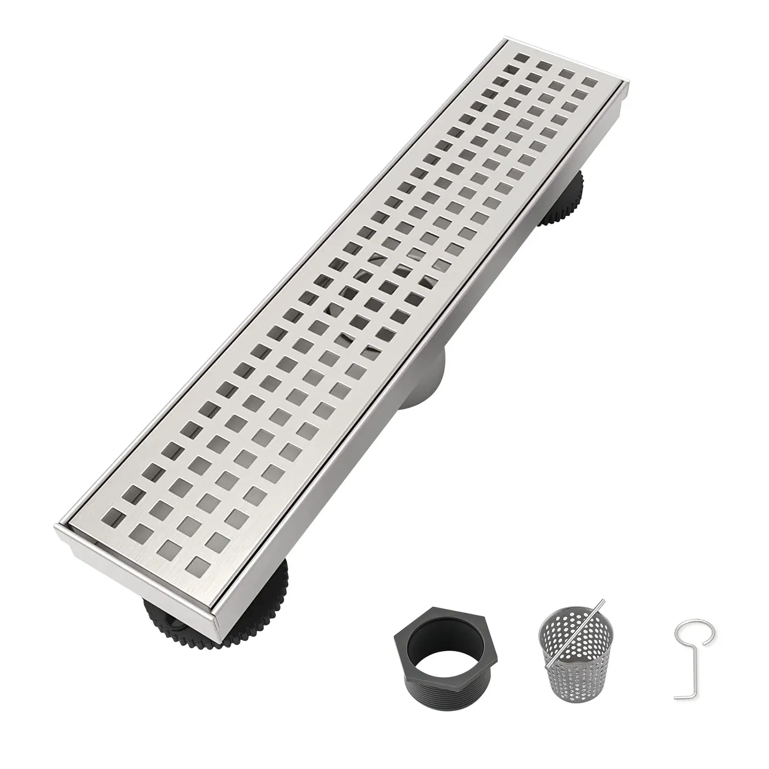 12 Inch Linear Shower Drain with Removable Quadrato Pattern Grate Cover, 304 Stainless Steel Shower Floor Drain with Hair Strainer and Leveling Feet, Brushed Nickel Finish, for Bathroom Wet Room Tile Shower Base, Bathroom Shower Door