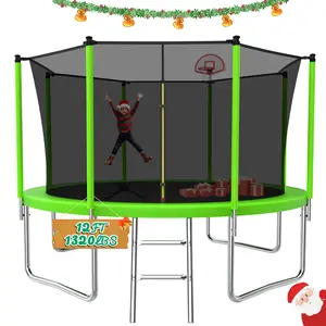 Mersco 12ft Outdoor Trampoline with Safety Enclosure Ladder & Basketball Hoop Green Blue Home Workout Equipment ASTM CPC Certified for Kids Adults 4-6 Kids Capacity Gifts for Children's Day