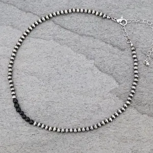 Navajo Style 4mm Bead Choker Necklace Burnished Silver Color 12" + 3" Extension Chain Women's Jewelry Turquoise Black Pink Copper Beads Customizable Fit Elegant Design