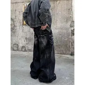 1pc Loose Casual Black Wide-Leg Jeans, with Cool Patterns, Trendy Style, Extremely Versatile, Unique Pattern Design, More Expressive Of Individuality, Machine Washable, Suitable for All Seasons, Suitable for Adults And Teenagers