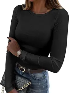 Women Long Sleeve Shirts, Rib Knit Slim Fit Tops, Basic Tee for Spring, Casual T-Shirt, Underscrubs, Layer Clothes
