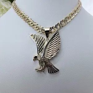 (30) 14K Gold Plated Eagle Pendant with Silver Accent for Men 24in Spanish Chain Necklace