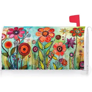 Abstract Colorful Floral Mailbox Cover with  Strip Spring Summer Daily Mailbox Wraps  Letter Box Cover Standard Size 21" X 18" for Garden Outdoor Yard Decor
