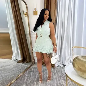 summer spring clothes 2025 new A Slimming and Figure-hugging Striped Suit Vest Bubble Skirt Set for Women, A New Summer Sleeveless Two-piece Outfit Womenswear Check Light Gamis Light Gamis Fitted