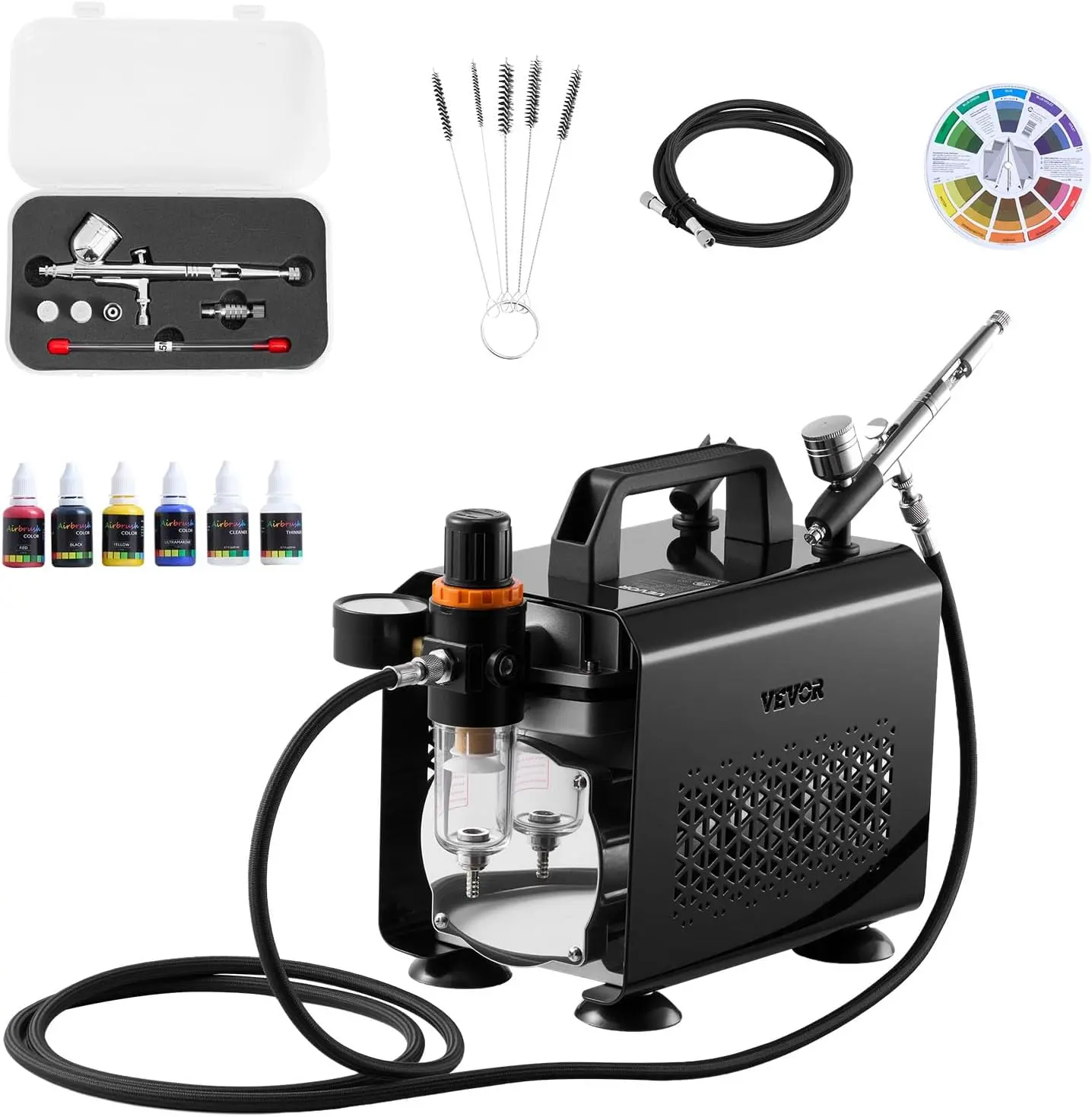 VEVOR Professional Airbrush Kit with 1/6 HP Low-Noise Air Compressor, 1 Dual-Action Airbrush with 3 Tips, Hose, Acrylic Paint, Brush, for Cake Decorating, Model Painting