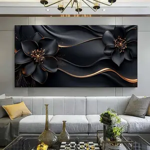1 piece framed canvas painting, large canvas art, modern gold floral black canvas painting, suitable for living room, bedroom office decoration. Ornaments Photo Artistic Wall Print