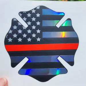 Firemen Support Car Decals: Thin Red Line Badge, First Responder Support, Weather Resistant Vinyl - 4.25in Round